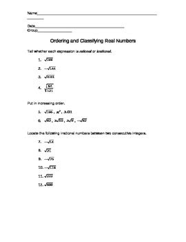 classifying and ordering real numbers worksheet